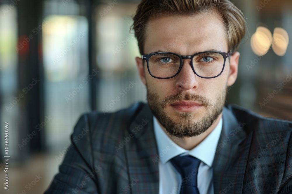 An assertive gaze from a businessman, conveying his strong sense of purpose and focus. An assertive gaze from a businessman, conveying his strong sense of purpose and focus.