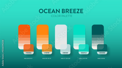 Color palette guide in Ocean breeze colour theme collections. Color inspiration or chart with codes template. Color combination RGB. Colors swatches for graphic design, art, fashion, web or painting.