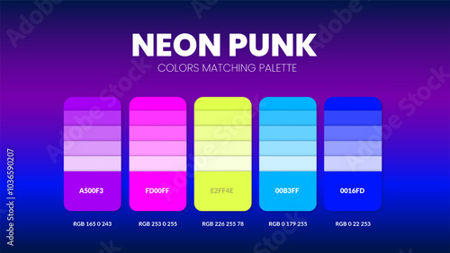 Color palette guide in Neon Punk colour theme collections. Color inspiration or chart with codes template. Color combination RGB. Colors swatches for graphic design, art, fashion, web or painting.