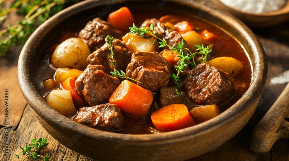 A hearty bowl of beef stew loaded with tender chunks of meat and root vegetables, Stew served in a ceramic bowl, Soft overhead lighting highlighting its richness A hearty bowl of beef stew loaded with tender chunks of meat and root vegetables, Stew served in a ceramic bowl, Soft overhead lighting highlighting its richness