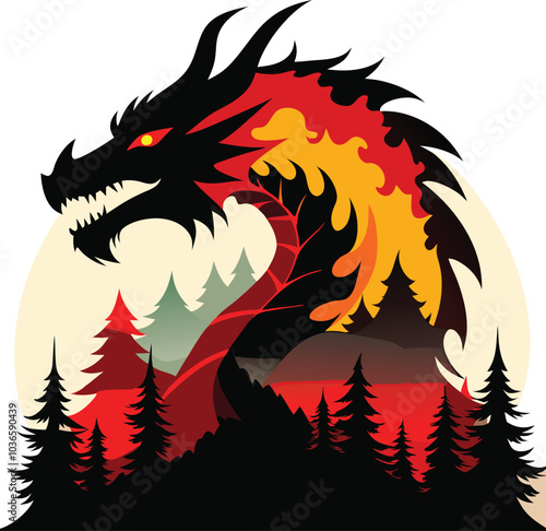 Dragon Silhouette with Forest Art Double Exposure T-Shirt Design