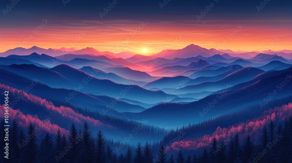 Majestic mountain landscape at sunrise showcasing vibrant colors over rolling hills and silhouetted trees in the foreground Majestic mountain landscape at sunrise showcasing vibrant colors over rolling hills and silhouetted trees in the foreground