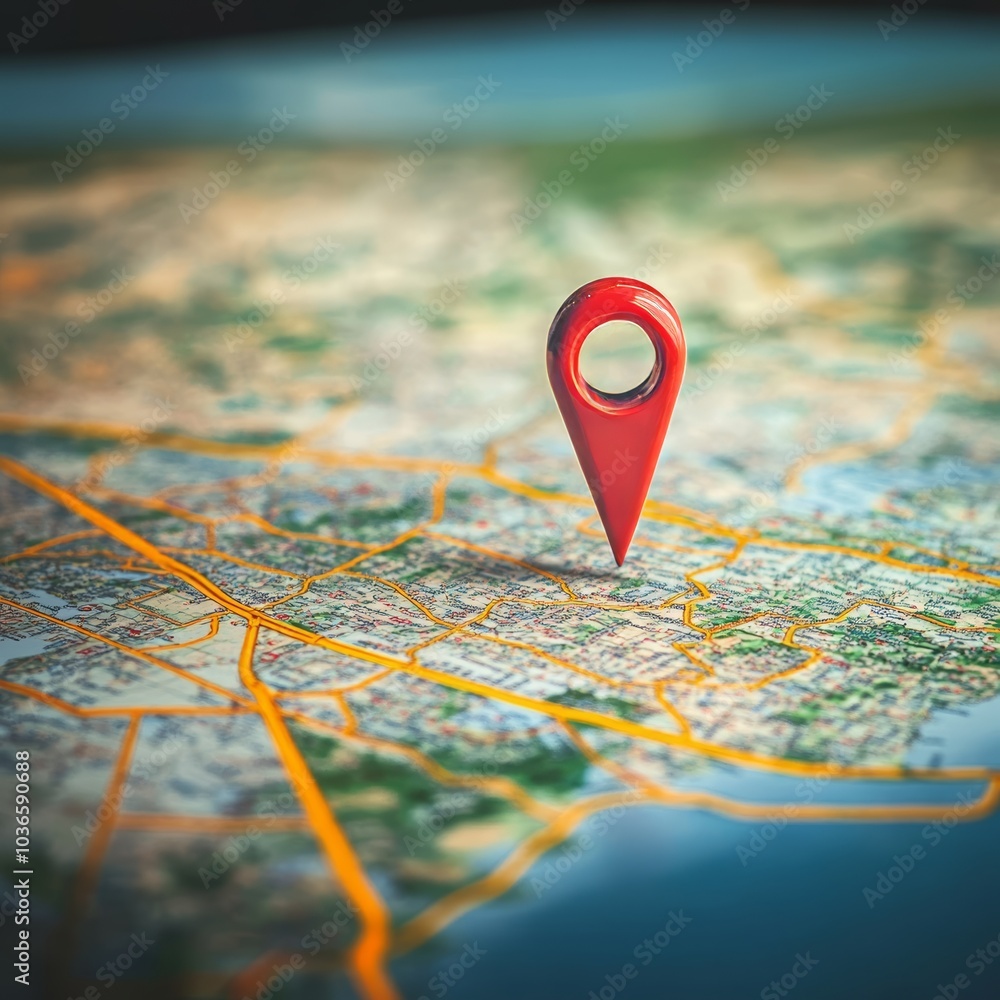 Red Location Pin Pointing on a Map, Representing Travel, Navigation, and Destination Concepts. Red Location Pin Pointing on a Map, Representing Travel, Navigation, and Destination Concepts.