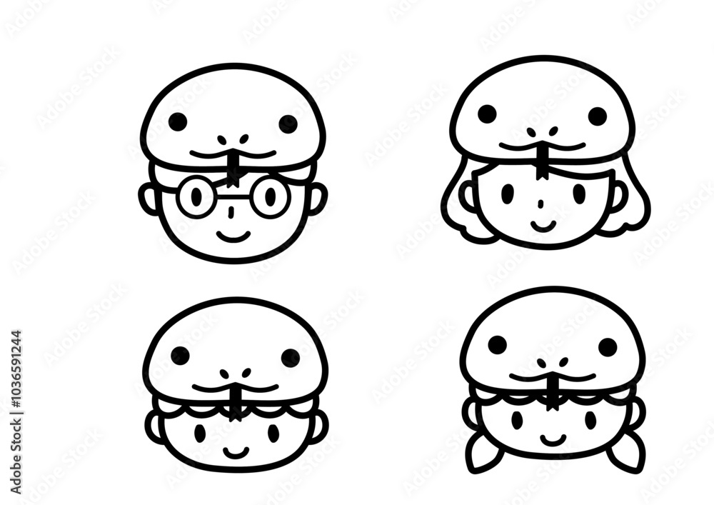 へびの帽子をかぶった家族のイラスト　顔のみ　白黒