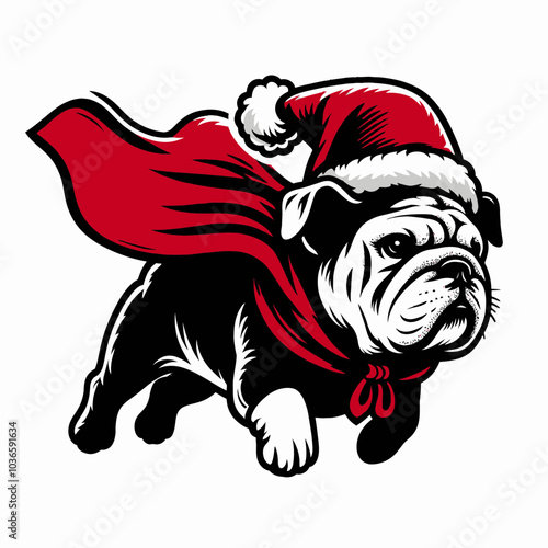 Flying Bulldog in Santa Claus Costume with a Cape