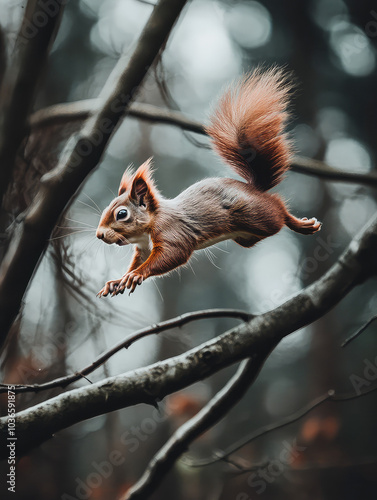 Leaping Squirrel in a Forest photo