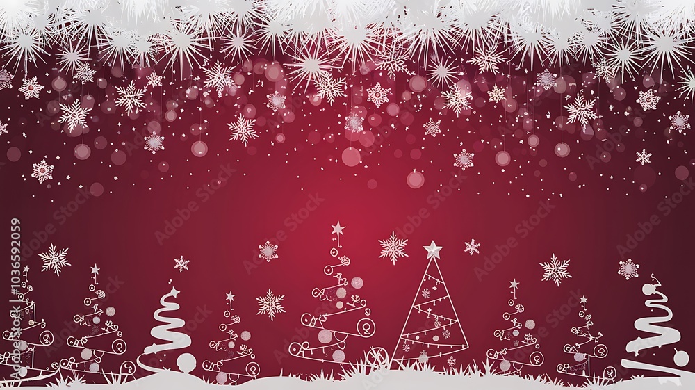 White Christmas Trees and Snowflakes on a Red Background White Christmas Trees and Snowflakes on a Red Background