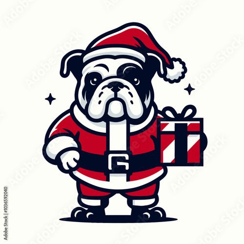 Bulldog in Santa Costume with Present