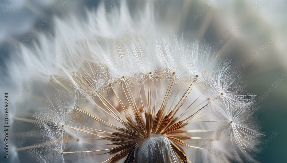 Fototapeta premium A close-up view of a dandelion seed head reveals each delicate seed poised to be blown away, showcasing the intricate patterns and natural design of plant life.