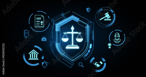 Digital justice and legal technology interface with icons on dark background. 3D Rendering photo