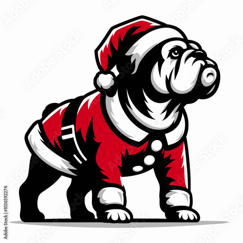 Adorable Bulldog in Santa Costume Leaning Forward