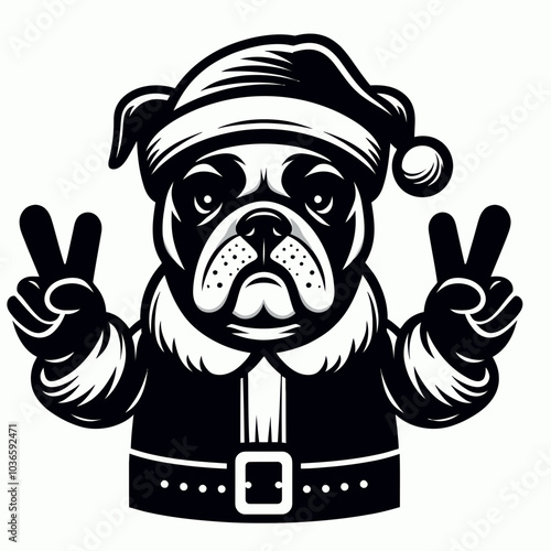 Bulldog in Santa Costume Making a Peace Sign