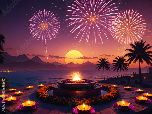 Diwali Festival in India: Celebrating with Diya Lamps, Vibrant Fireworks, and Illuminating Lights. Hindu festival Background. Generative AI