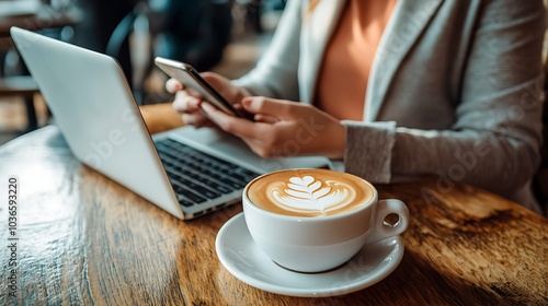 Modern Professional Multitasking with Laptop, Smartphone and Artisanal Latte Art Coffee