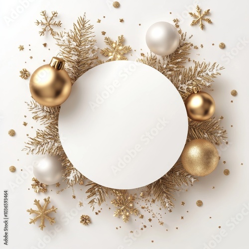 Merry Christmas and Happy New Year Holiday white banner illustration. Xmas design with realistic 3d objects, christmas tree, golden christmass ball, snowflake, glitter gold