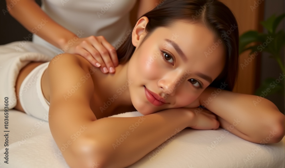 a woman receiving a massage at a spa, exuding a sense of relaxation and tranquility a woman receiving a massage at a spa, exuding a sense of relaxation and tranquility