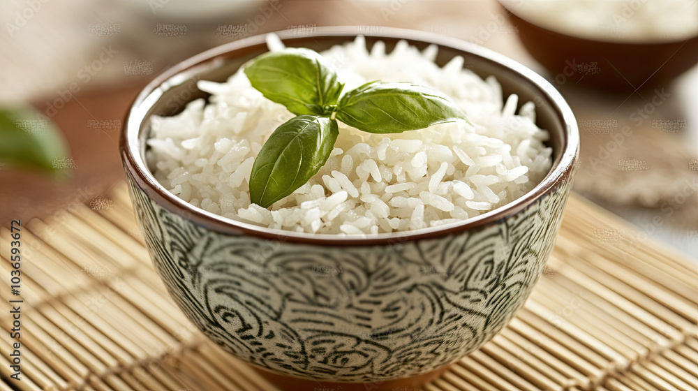 A close-up of a ceramic bowl filled with fluffy white rice, garnished with a single basil leaf, placed on a bamboo mat. --chaos A close-up of a ceramic bowl filled with fluffy white rice, garnished with a single basil leaf, placed on a bamboo mat. --chaos