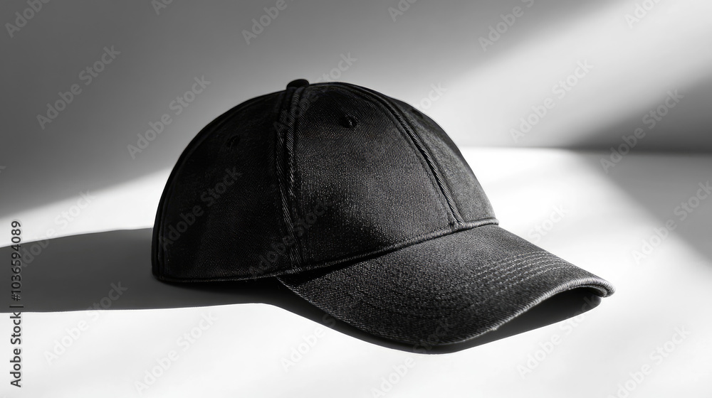 A close-up of a classic black baseball cap placed on a white studio backdrop, with subtle shadows adding depth, highlighting its sleek design and shape --chaos A close-up of a classic black baseball cap placed on a white studio backdrop, with subtle shadows adding depth, highlighting its sleek design and shape --chaos