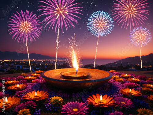 Diwali Festival in India: Celebrating with Diya Lamps, Vibrant Fireworks, and Illuminating Lights. Hindu festival Background. Generative AI