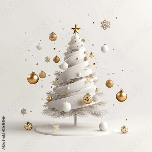Merry Christmas and Happy New Year Holiday white banner illustration. Xmas design with realistic 3d objects, christmas tree, golden christmass ball, snowflake, glitter gold