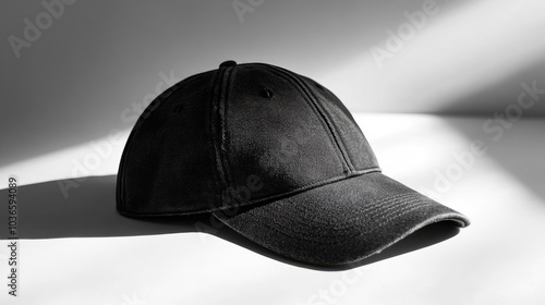 Wallpaper Mural A close-up of a classic black baseball cap placed on a white studio backdrop, with subtle shadows adding depth, highlighting its sleek design and shape --chaos Torontodigital.ca