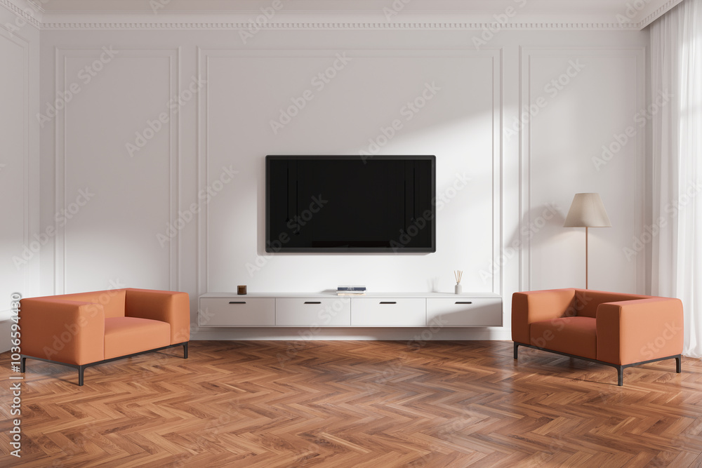 Stylish home living room interior with tv and armchairs, relax place Stylish home living room interior with tv and armchairs, relax place