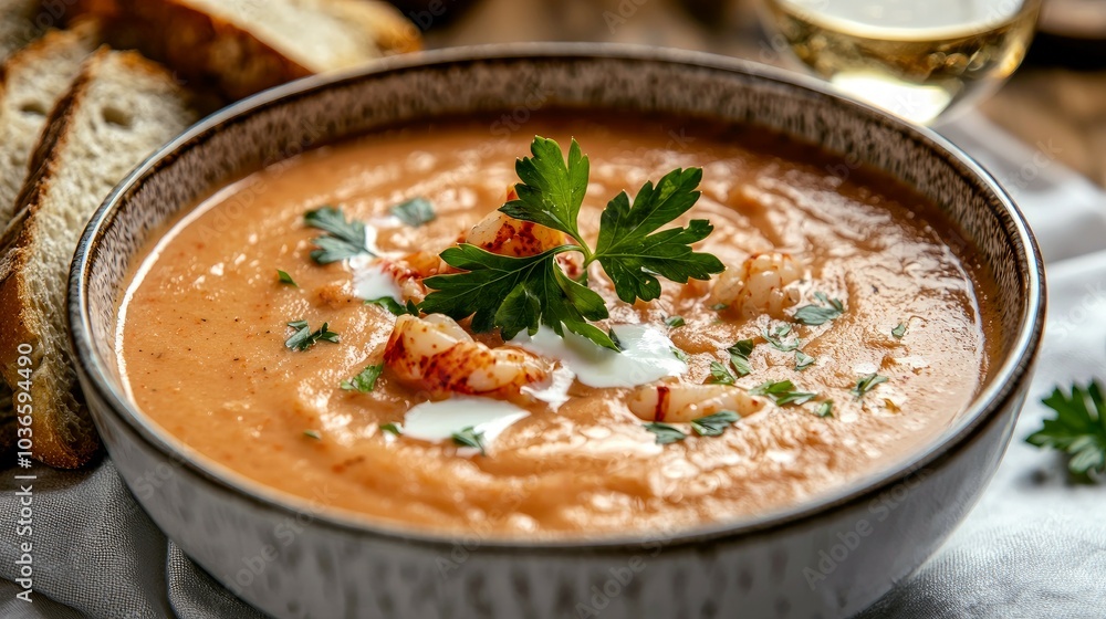 Creamy lobster bisque soup with fresh parsley, a dollop of cream, and crusty bread. Creamy lobster bisque soup with fresh parsley, a dollop of cream, and crusty bread.