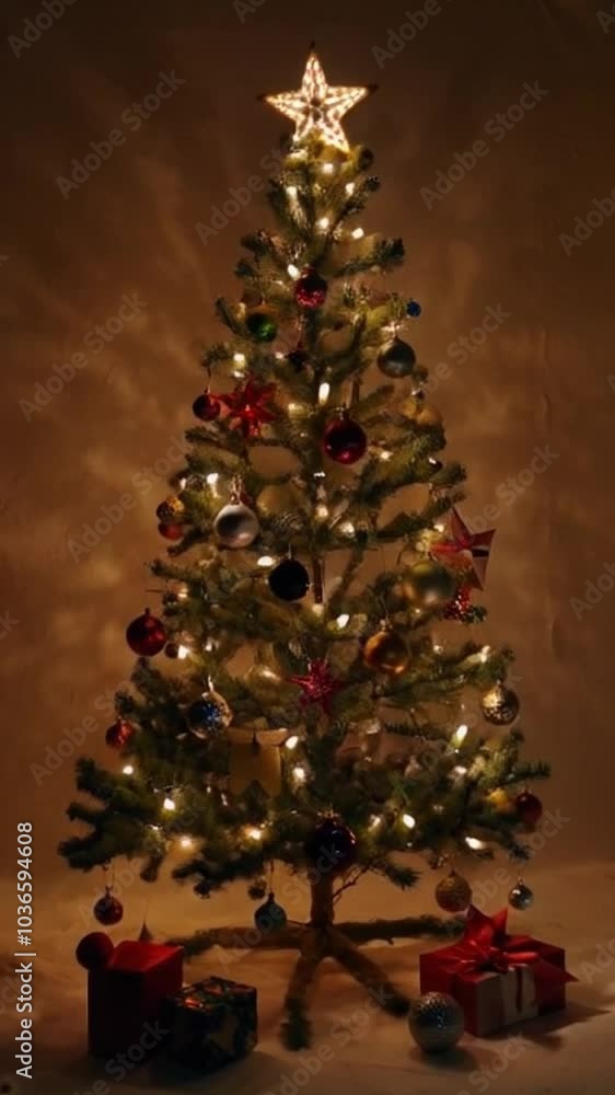 decorated christmas tree with warm lights and gifts decorated christmas tree with warm lights and gifts