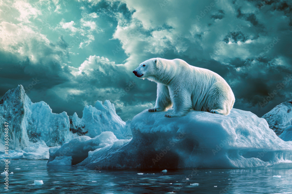 Naklejka premium A polar bear sits on a shimmering iceberg in icy waters under a dramatic sky