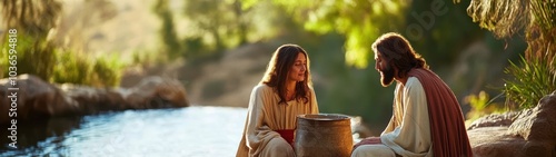 Samaritan at the Well, Jesus Christ meets a Samaritan woman, a moment of compassion and cultural significance, exploring themes of acceptance and faith. photo