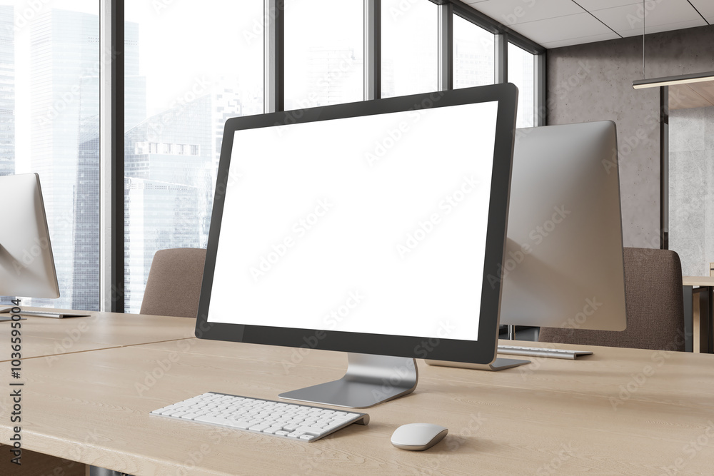 Modern office workspace with computer and keyboard. 3D Rendering Modern office workspace with computer and keyboard. 3D Rendering