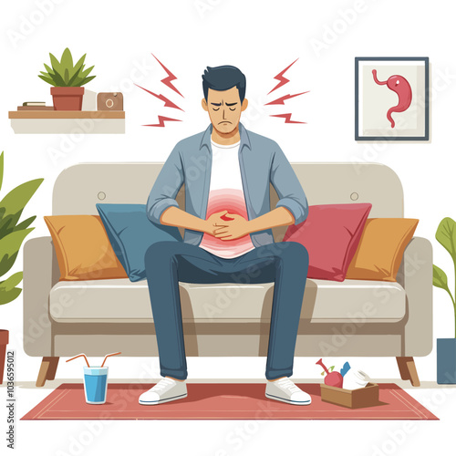 A man is sitting on a couch with a stomach ache