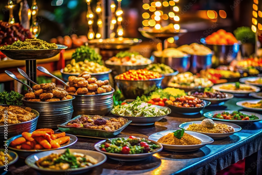 Fototapeta premium Dimly lit buffet showcases culinary artistry, tantalizing under warm candle glow.