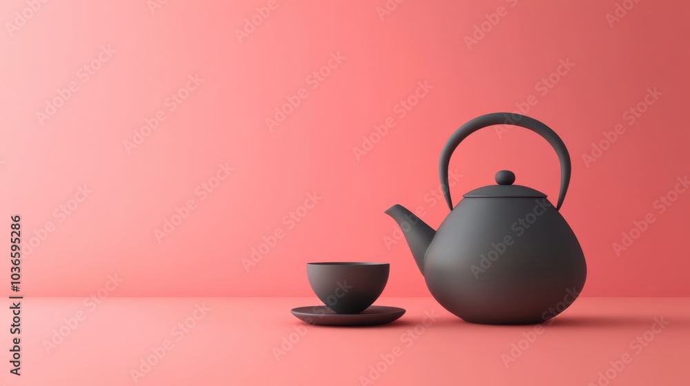 A simple black tea kettle sits beside a matching cup on a soft pink surface, inviting a moment of relaxation and comfort. Generative AI A simple black tea kettle sits beside a matching cup on a soft pink surface, inviting a moment of relaxation and comfort. Generative AI