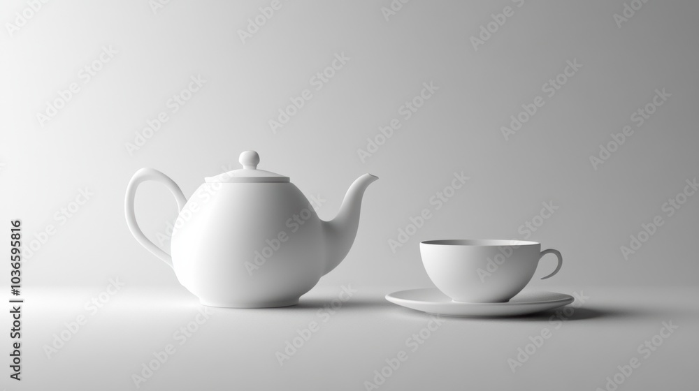A pristine white tea kettle and matching cup sit together on a minimalist surface, inviting a moment of tranquility for tea lovers. Generative AI A pristine white tea kettle and matching cup sit together on a minimalist surface, inviting a moment of tranquility for tea lovers. Generative AI