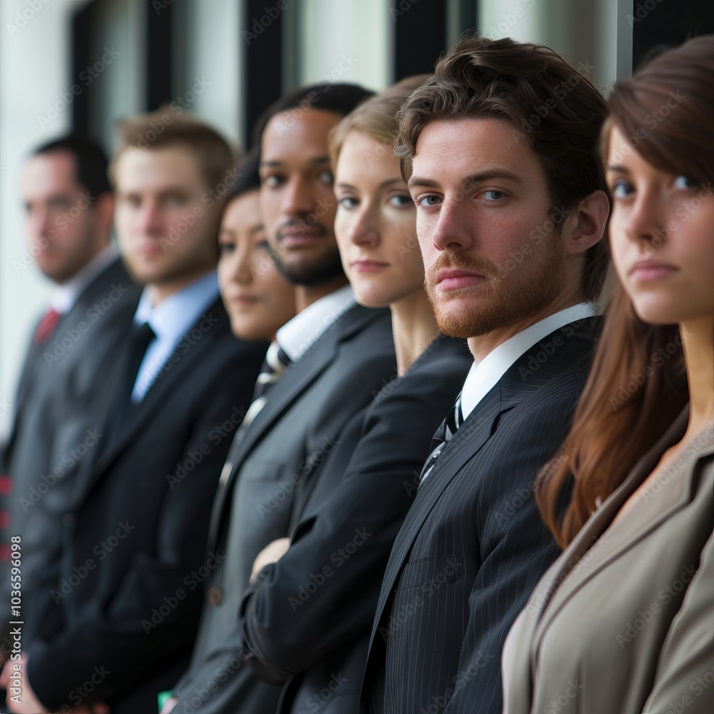 Diverse Group of Professionals in Business Attire Standing in Line with Focused Expressions in a Modern Office Setting Diverse Group of Professionals in Business Attire Standing in Line with Focused Expressions in a Modern Office Setting