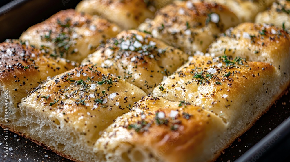 Freshly baked bread topped with herbs and salt on a baking sheet. Freshly baked bread topped with herbs and salt on a baking sheet.