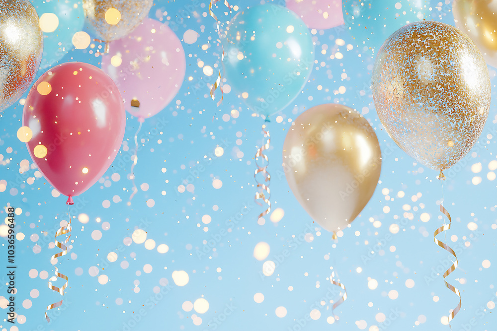Gold Pink and Blue Balloons in a Festive Scene Gold Pink and Blue Balloons in a Festive Scene