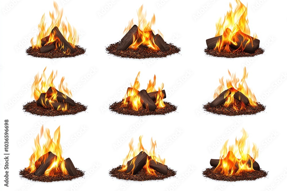 Different angles of campfire flames and burning wood, white isolated background. Different angles of campfire flames and burning wood, white isolated background.