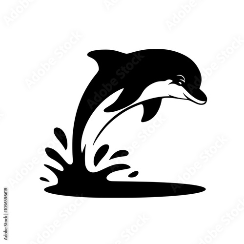 Jumping dolphin in minimalist black and white, Simple black-and-white illustration of a dolphin jumping out of the water, creating a playful and sleek marine-themed design.



