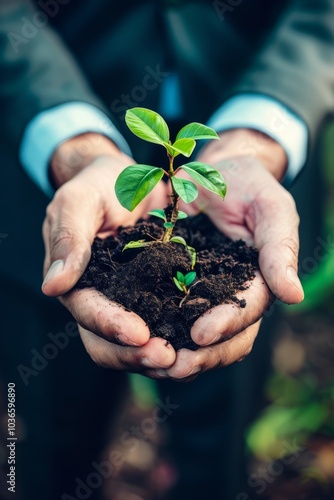 Hands Holding Young Plant with Soil Symbolizing Growth, Nature Conservation, and Environmental Sustainability..