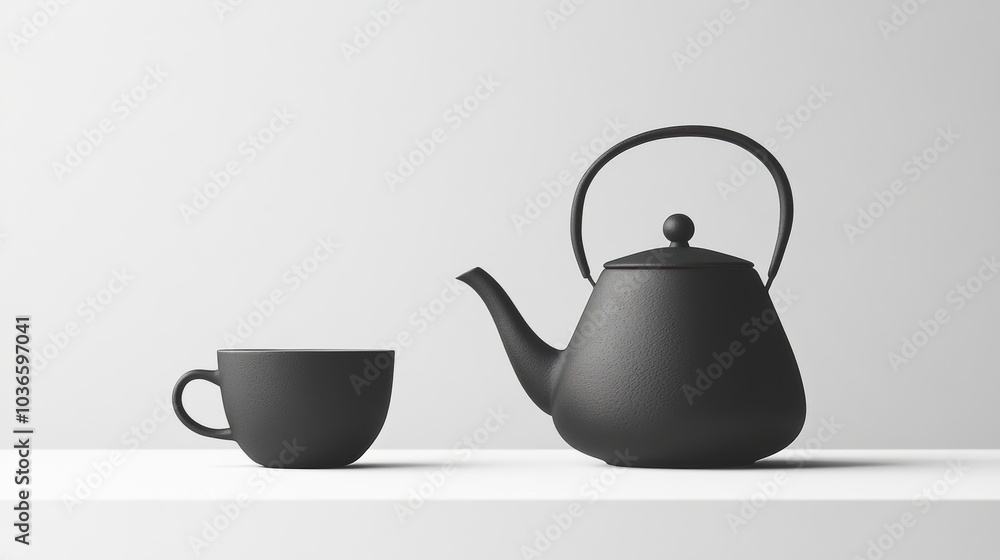A stylish black kettle and matching cup sit elegantly on a minimalistic white surface, inviting moments of tea enjoyment and relaxation. Generative AI A stylish black kettle and matching cup sit elegantly on a minimalistic white surface, inviting moments of tea enjoyment and relaxation. Generative AI