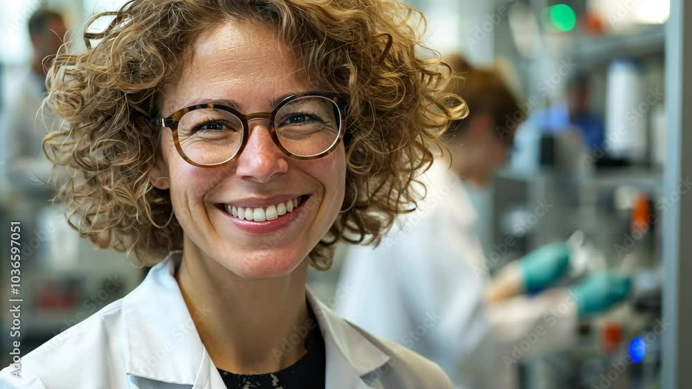 A woman with curly hair smiles while wearing glasses and a lab coat A woman with curly hair smiles while wearing glasses and a lab coat