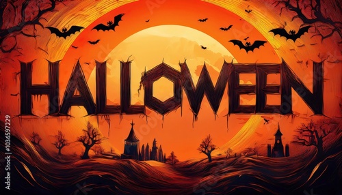 Halloween lettering emerging from a spooky landscape with bats flying around a full moon