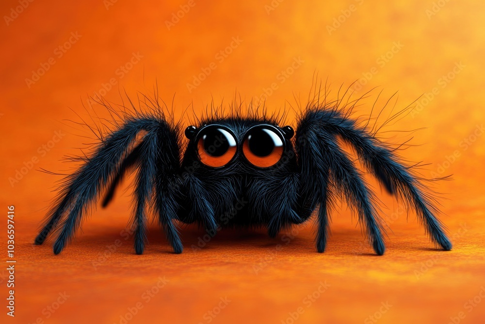 Cute black spider standing on orange background Cute black spider standing on orange background