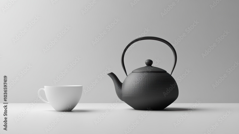A sleek black kettle and white cup rest side by side on a smooth table, embodying minimalist design and inviting relaxation. Generative AI A sleek black kettle and white cup rest side by side on a smooth table, embodying minimalist design and inviting relaxation. Generative AI