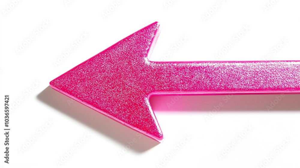 Fototapeta premium A vibrant pink glitter arrow pointing left on a white isolated background.