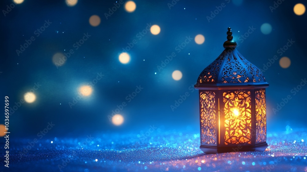 A decorative lantern glowing softly in a serene blue background filled with bokeh lights. A decorative lantern glowing softly in a serene blue background filled with bokeh lights.
