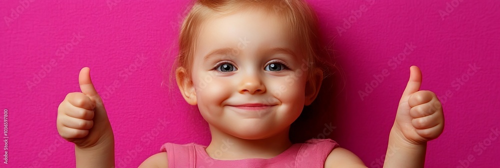 Happy Smiling Redhead Toddler Girl Showing Double Thumbs Up Gesture On Pink Background Happy Smiling Redhead Toddler Girl Showing Double Thumbs Up Gesture On Pink Background