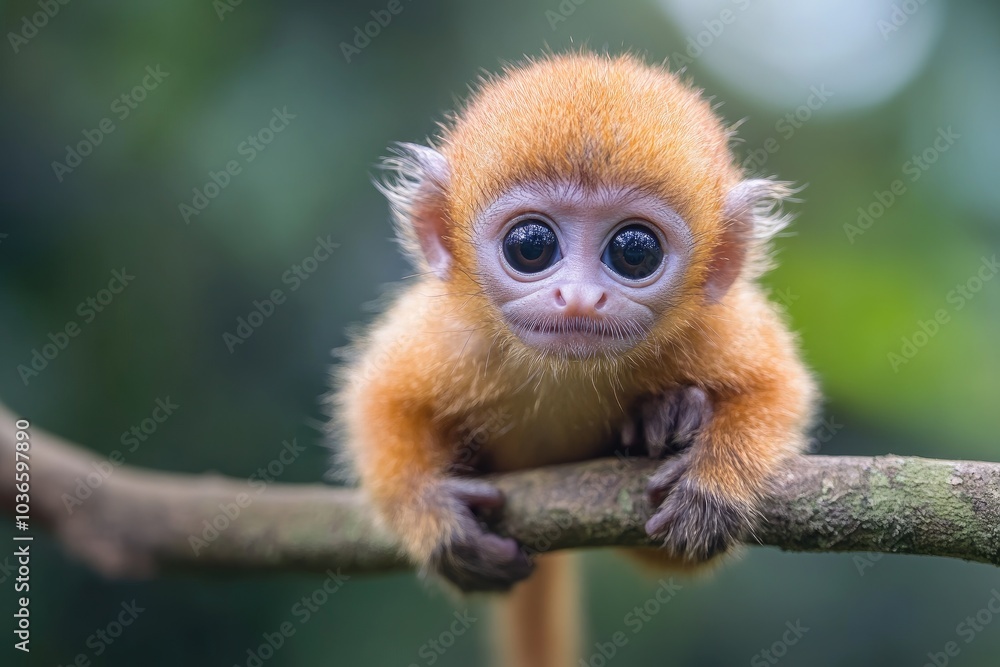 Cute baby monkey holding on a branch in a forest Cute baby monkey holding on a branch in a forest